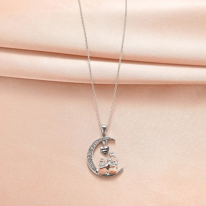 Mom Daughter Moon Heart Pendant Necklace