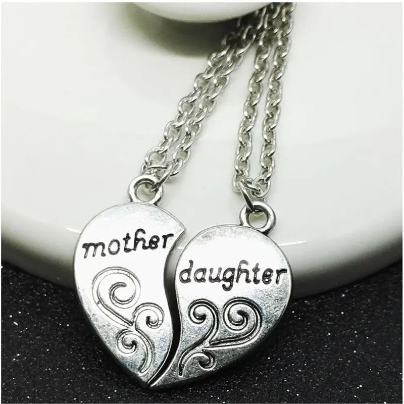 Mother Daughter Heart Pendant Necklace Set 2 Pieces Antique Silver Plated