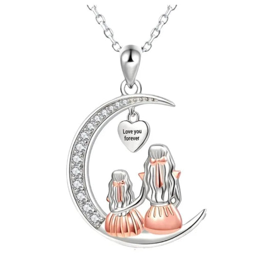 Mom Daughter Moon Heart Pendant Necklace
