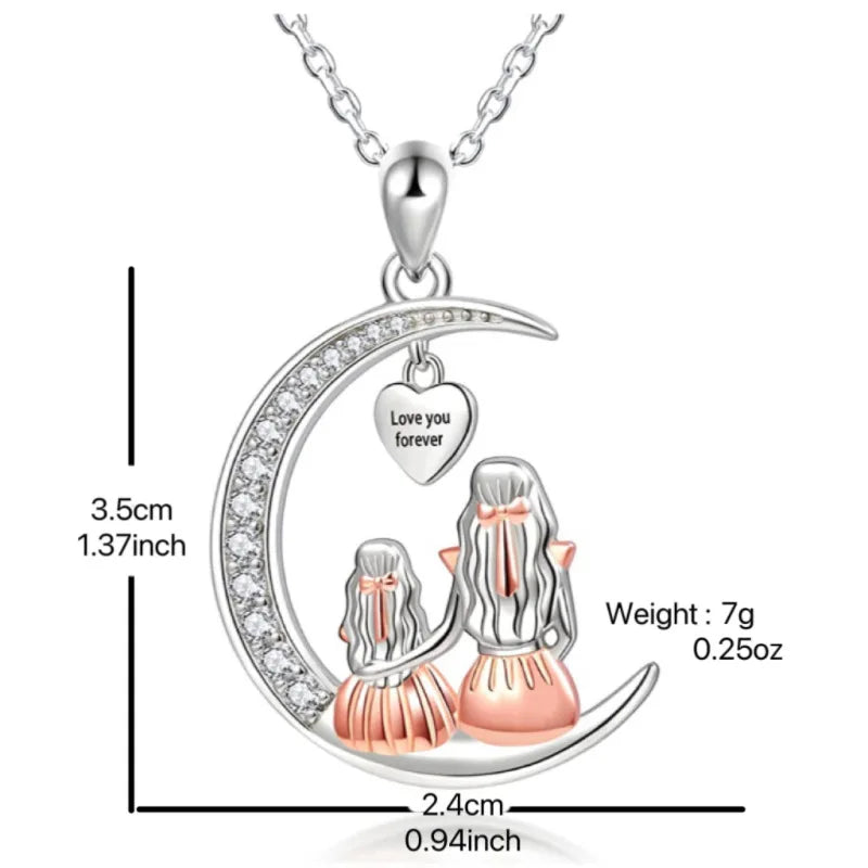Mom Daughter Moon Heart Pendant Necklace