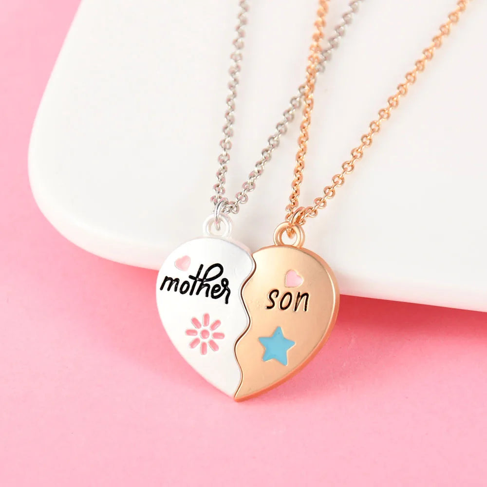 Heart-Shaped Mother and Child Pendant Necklace Set 2-Piece