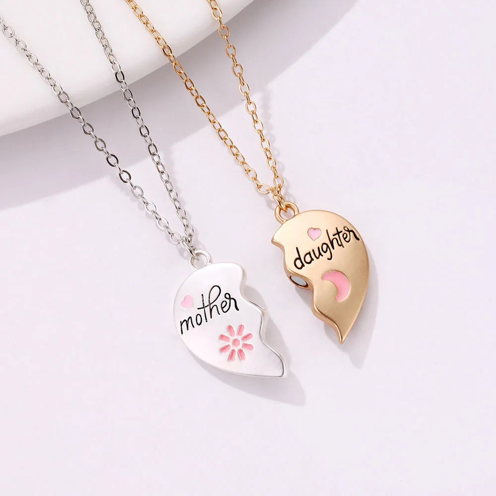 Heart-Shaped Mother and Child Pendant Necklace Set 2-Piece