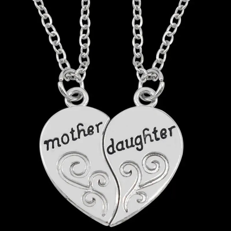 Mother Daughter Heart Pendant Necklace Set 2 Pieces Antique Silver Plated