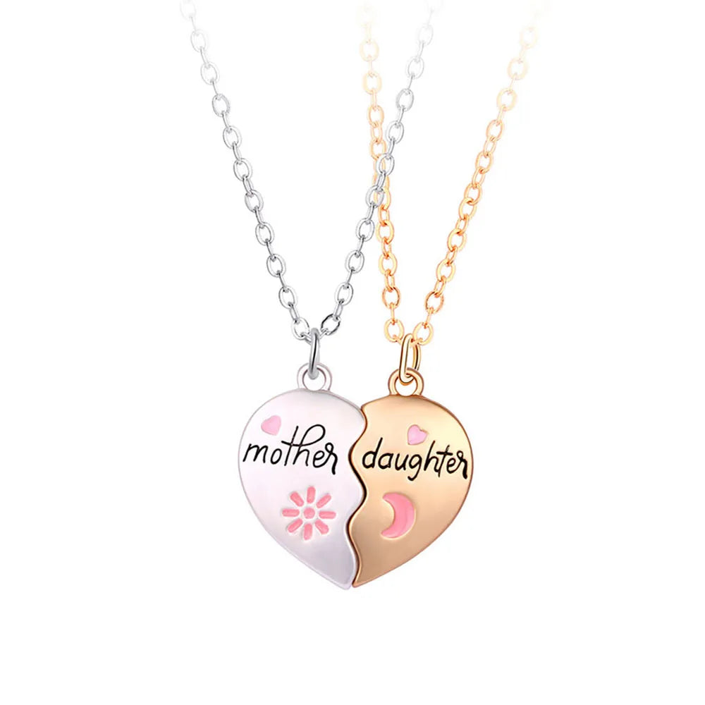 Heart-Shaped Mother and Child Pendant Necklace Set 2-Piece