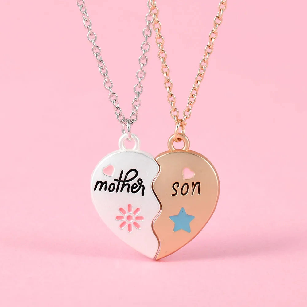 Heart-Shaped Mother and Child Pendant Necklace Set 2-Piece