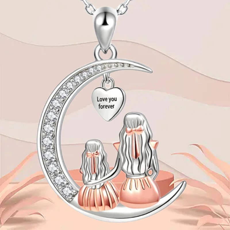 Mom Daughter Moon Heart Pendant Necklace