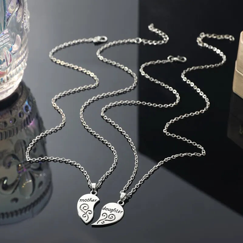 Mother Daughter Heart Pendant Necklace Set 2 Pieces Antique Silver Plated