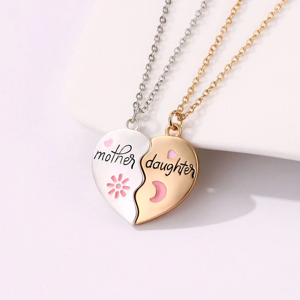 Heart-Shaped Mother and Child Pendant Necklace Set 2-Piece