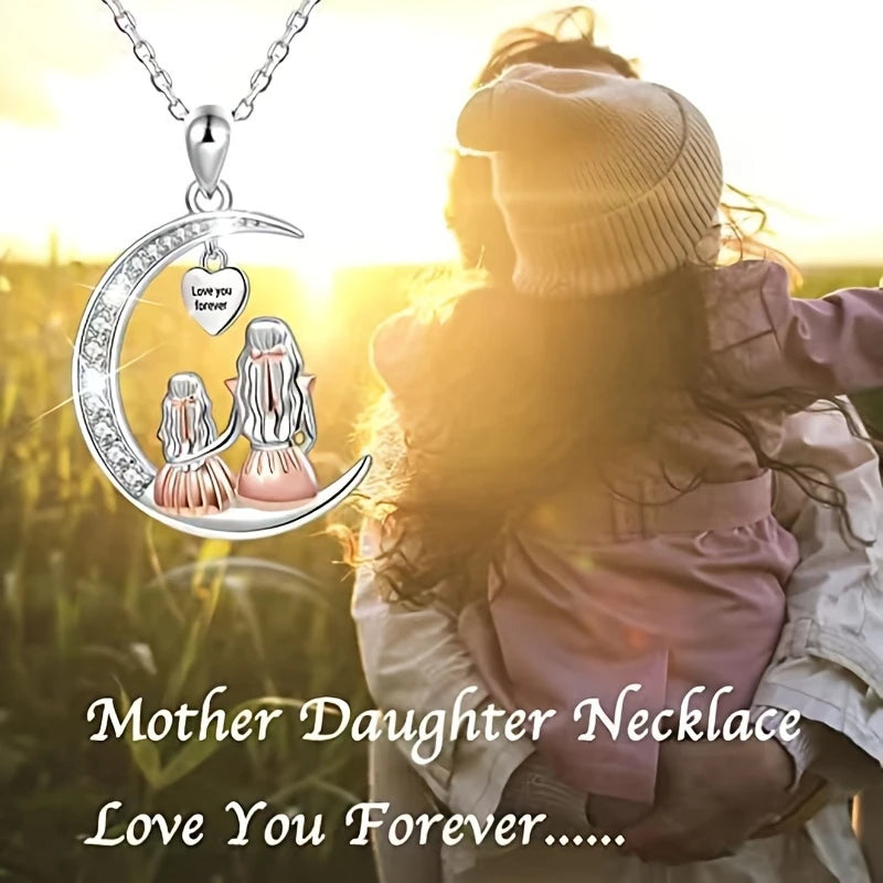 Mom Daughter Moon Heart Pendant Necklace